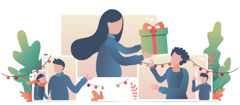 illustration of therapists on holiday clothing, exchanging gifts