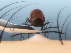 cartoon image of a tick zoomed in on a persons skin