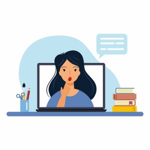 cartoon themed icon of a woman coming out of a laptop screen to highlight how engaging the online speech session is